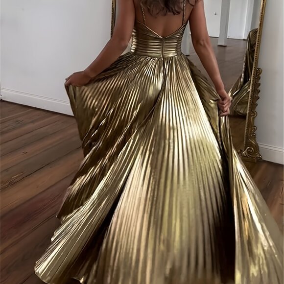 Golden Metallic Pleated Formal Evening Dress - Picture 4 of 5